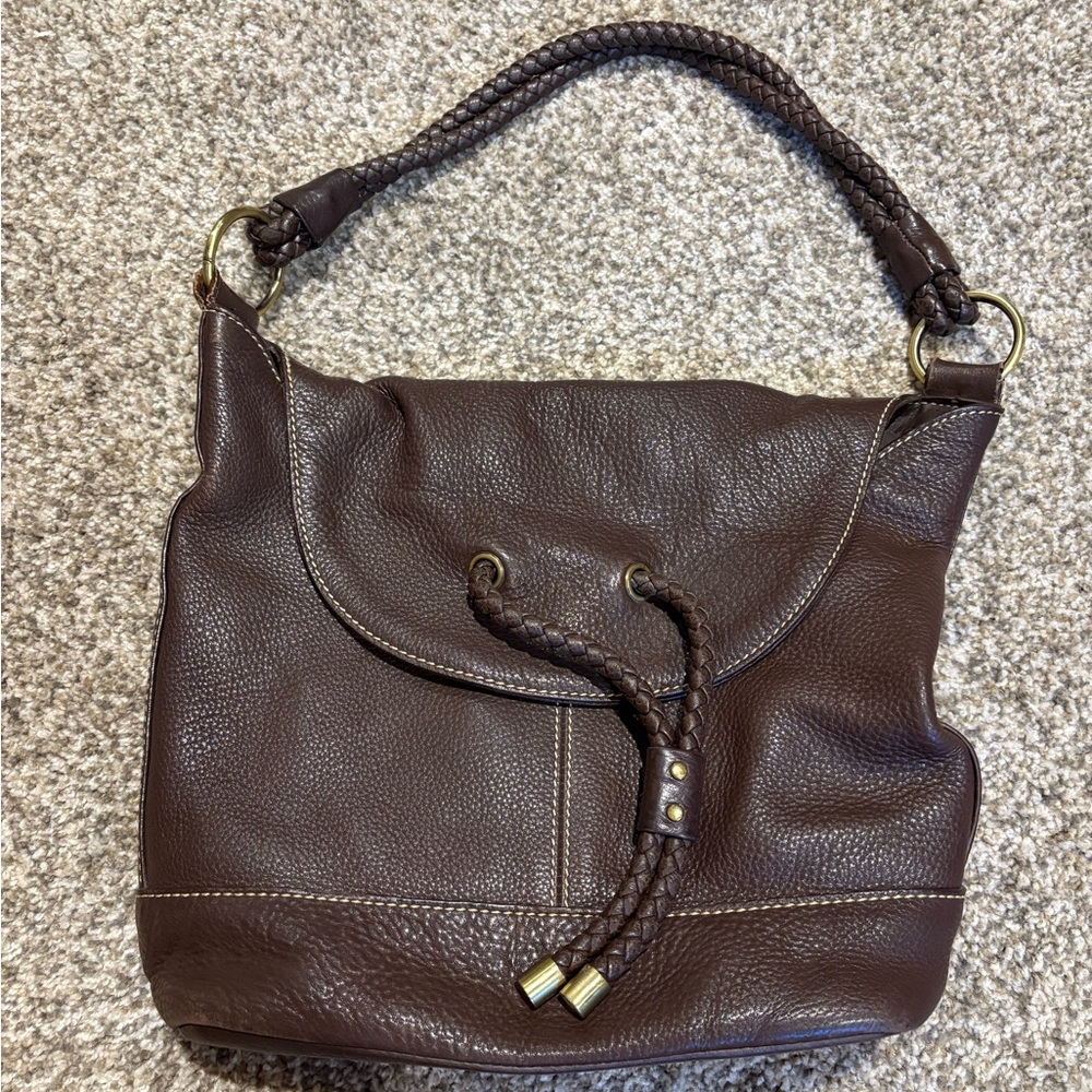 Chaps Dark‎ Chocolate Brown Leather Handbag Braided Handle